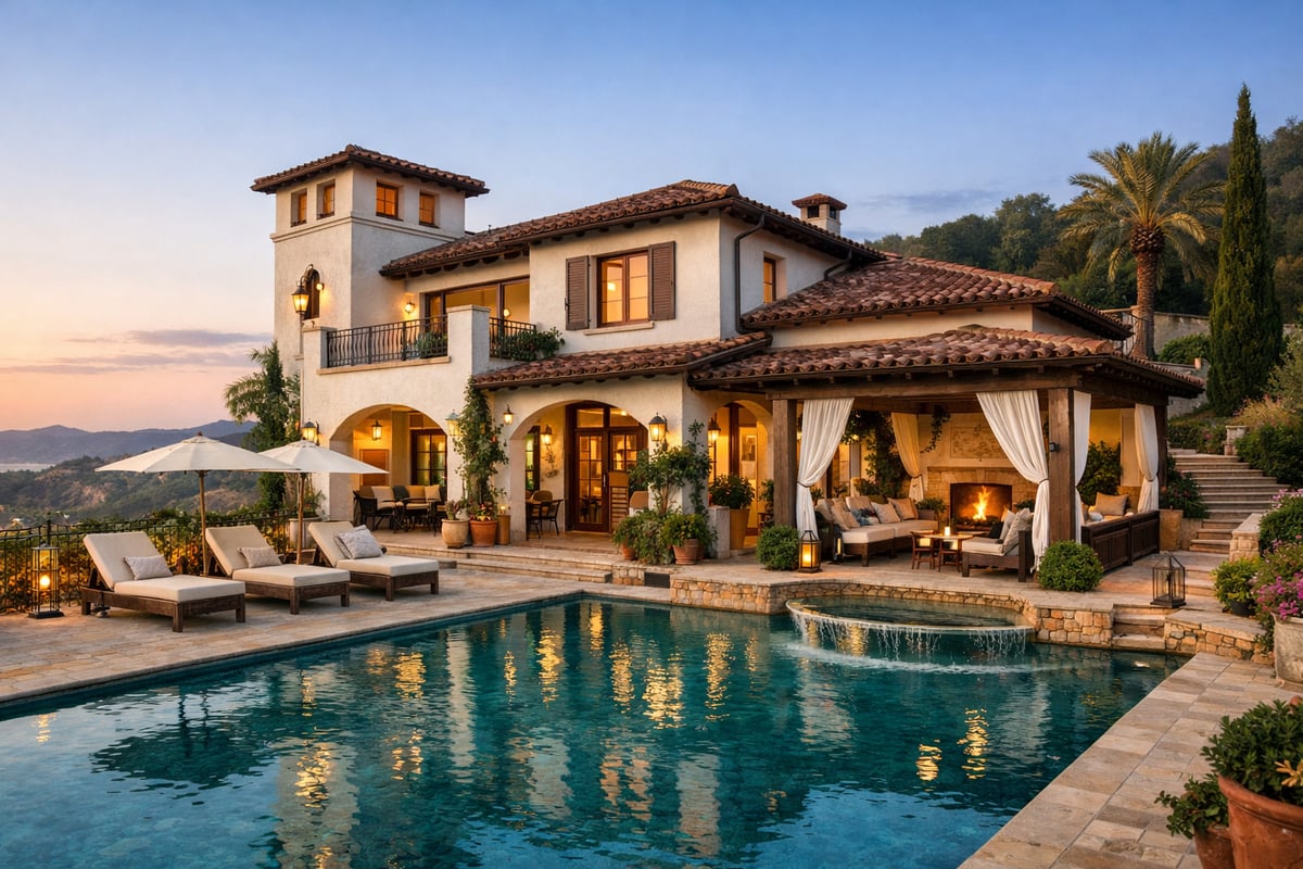 Villa in Tropical Garden with Waterfall and Lush Greenery