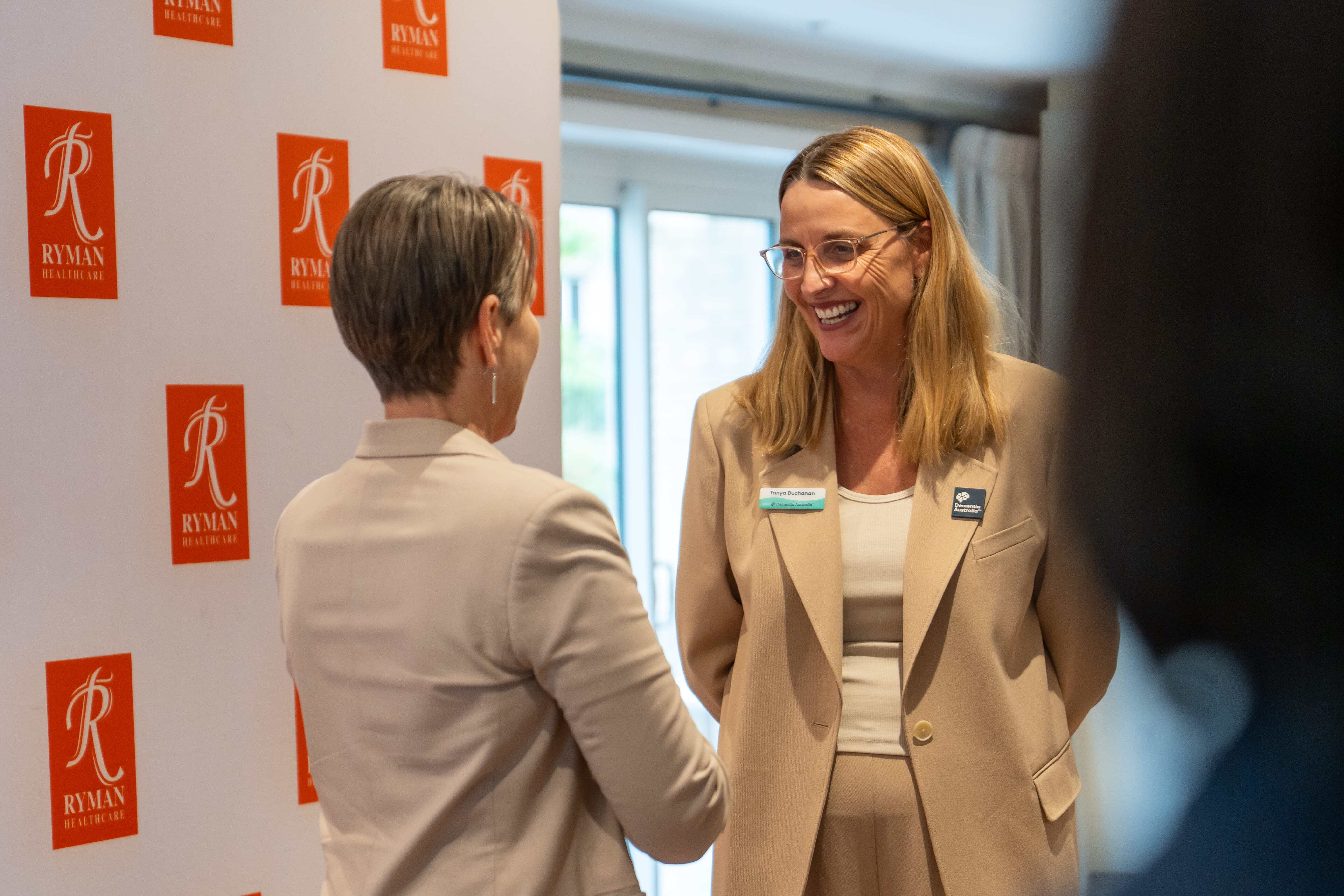 Dementia Australia CEO Professor Tanya Buchanan chats with Ryman’s Marsha Cadman.
