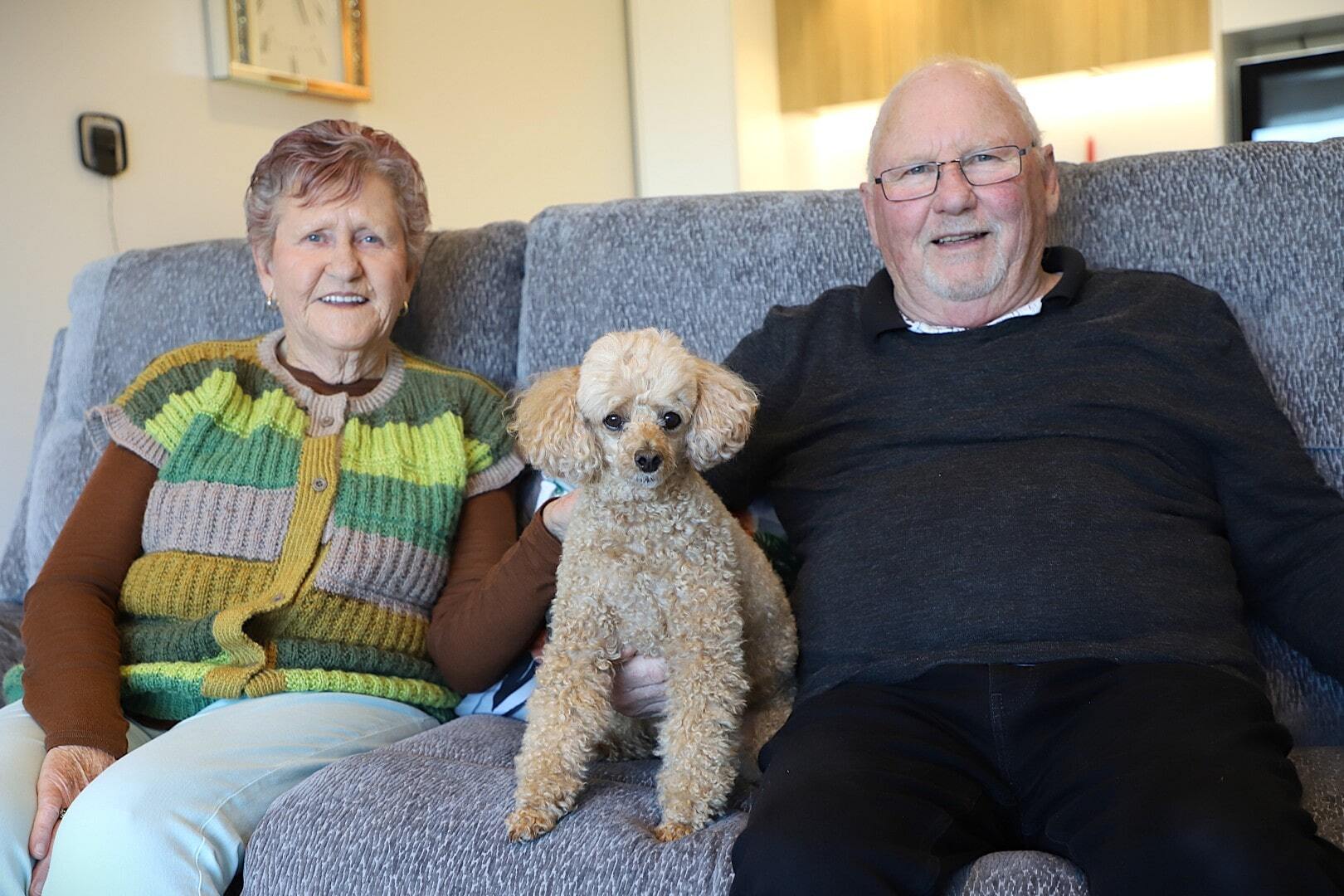 A cute poodle sits on the sofa between her owners, a smiling older couple